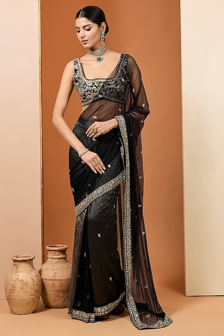 Black Pure Silk Tissue & Net Mirror Embroidered Wedding Saree Set by Neha khullar at Pernia's Pop Up Shop