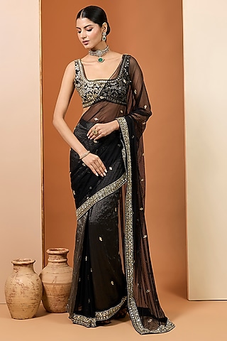Black Pure Silk Tissue & Net Mirror Embroidered Saree Set by Neha khullar