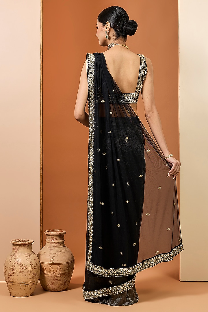 Black Pure Silk Tissue & Net Mirror Embroidered Wedding Saree Set by Neha khullar at Pernia's Pop Up Shop