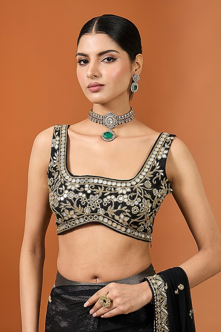 Black Pure Silk Tissue & Net Mirror Embroidered Wedding Saree Set by Neha khullar at Pernia's Pop Up Shop