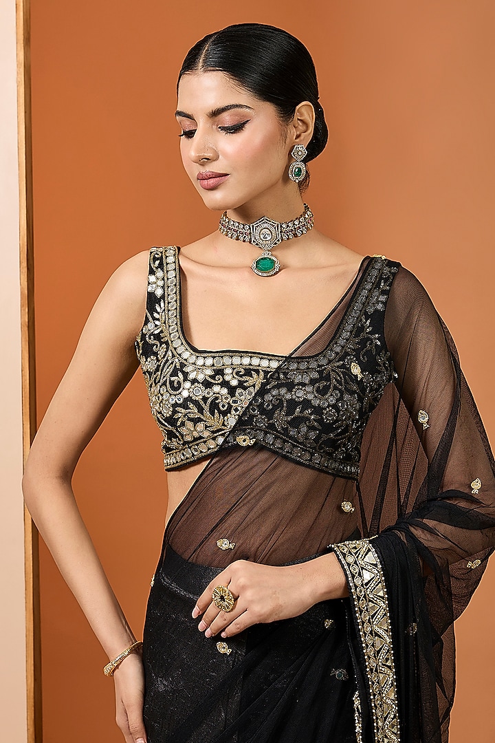 Black Pure Silk Tissue & Net Mirror Embroidered Wedding Saree Set by Neha khullar at Pernia's Pop Up Shop