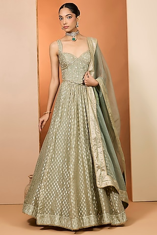 Green Banarasi Chanderi Lehenga Set by Neha khullar