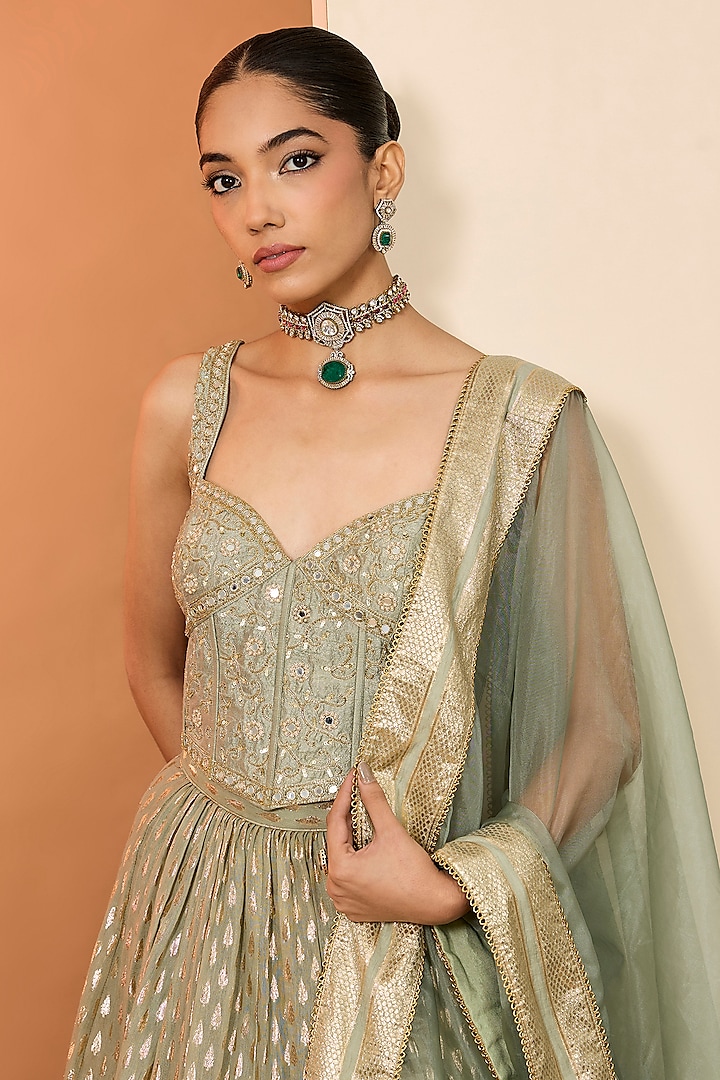Green Banarasi Chanderi Wedding Lehenga Set by Neha khullar at Pernia's Pop Up Shop