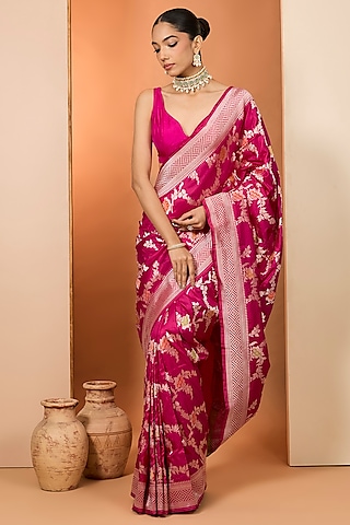 Rani Pink Pure Katan Silk Saree Set by Neha khullar