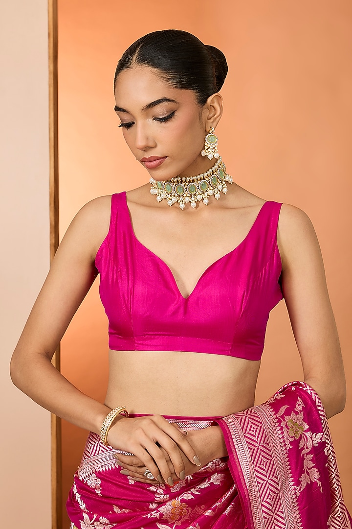 Rani Pink Pure Katan Silk Wedding Saree Set by Neha khullar at Pernia's Pop Up Shop