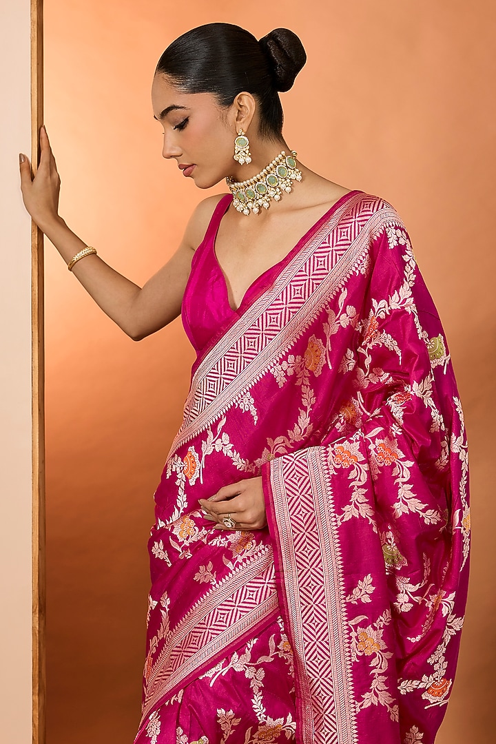 Rani Pink Pure Katan Silk Wedding Saree Set by Neha khullar at Pernia's Pop Up Shop