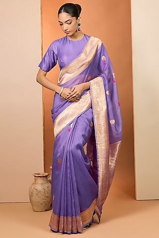 Lilac Pure Handloom Kora Organza Silk Banarasi Saree Set by Neha khullar