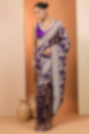 Purple Pure Katan Silk Wedding Saree Set by Neha khullar at Pernia's Pop Up Shop