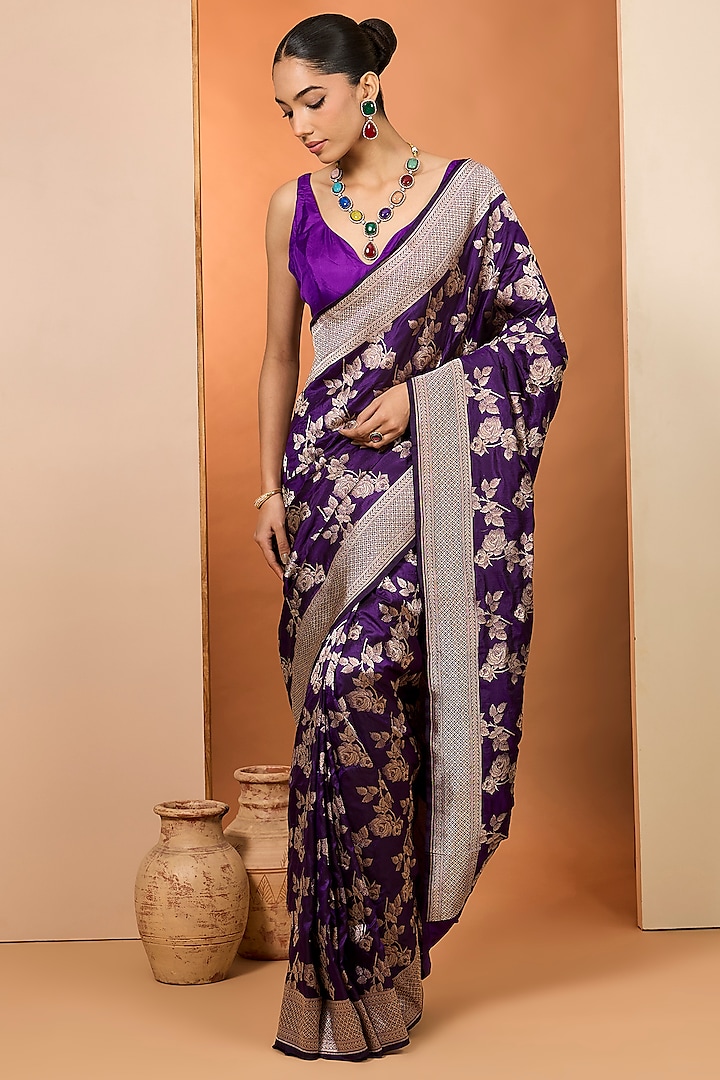 Purple Pure Katan Silk Wedding Saree Set by Neha khullar at Pernia's Pop Up Shop