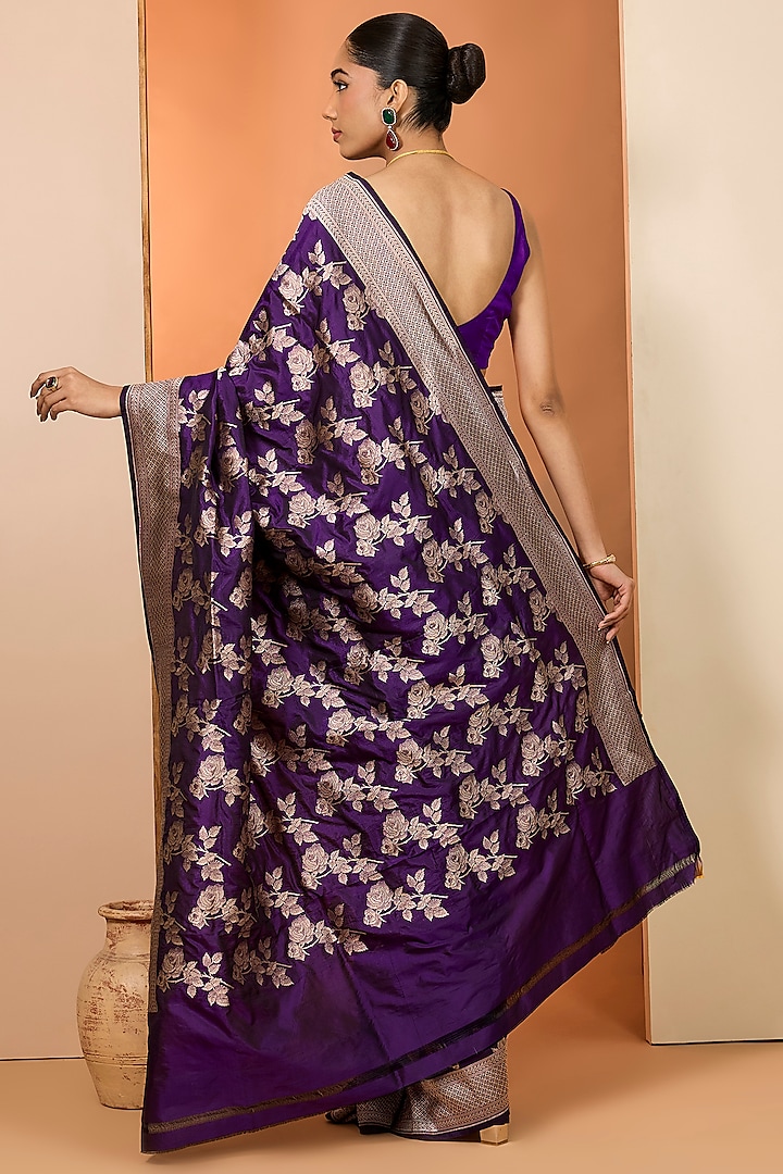 Purple Pure Katan Silk Wedding Saree Set by Neha khullar at Pernia's Pop Up Shop