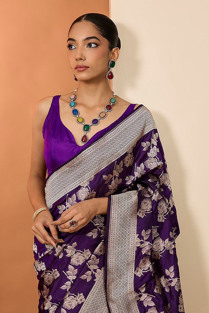 Purple Pure Katan Silk Wedding Saree Set by Neha khullar at Pernia's Pop Up Shop