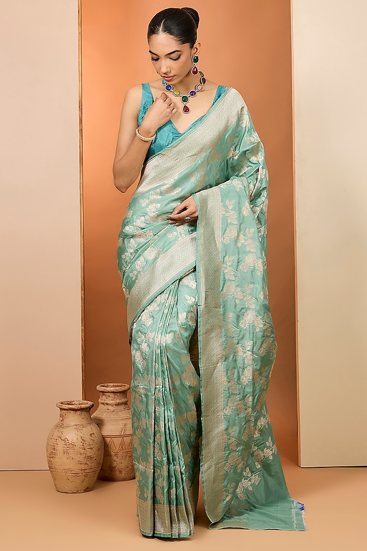 Sea Green Pure Handloom Katan Silk Wedding Saree Set by Neha khullar at Pernia's Pop Up Shop
