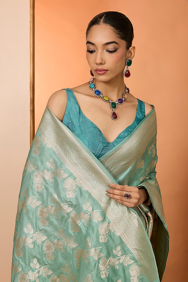 Sea Green Pure Handloom Katan Silk Wedding Saree Set by Neha khullar at Pernia's Pop Up Shop