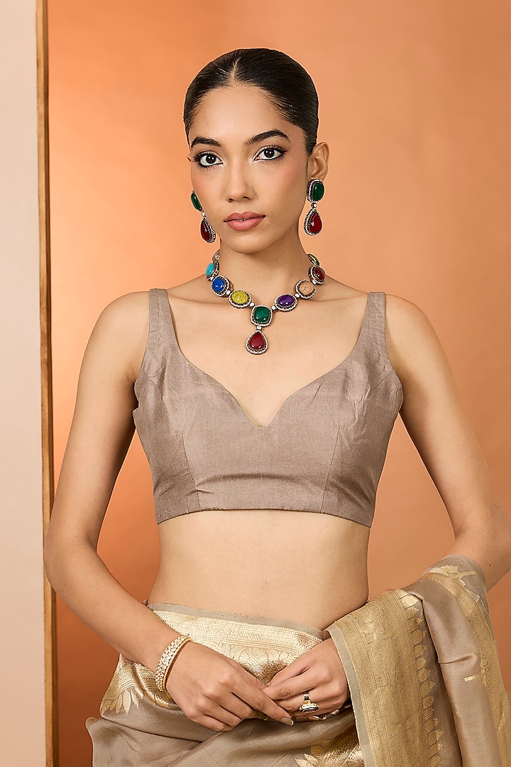 Brown Pure Handloom Kora Organza Silk Banarasi Wedding Saree Set by Neha khullar at Pernia's Pop Up Shop