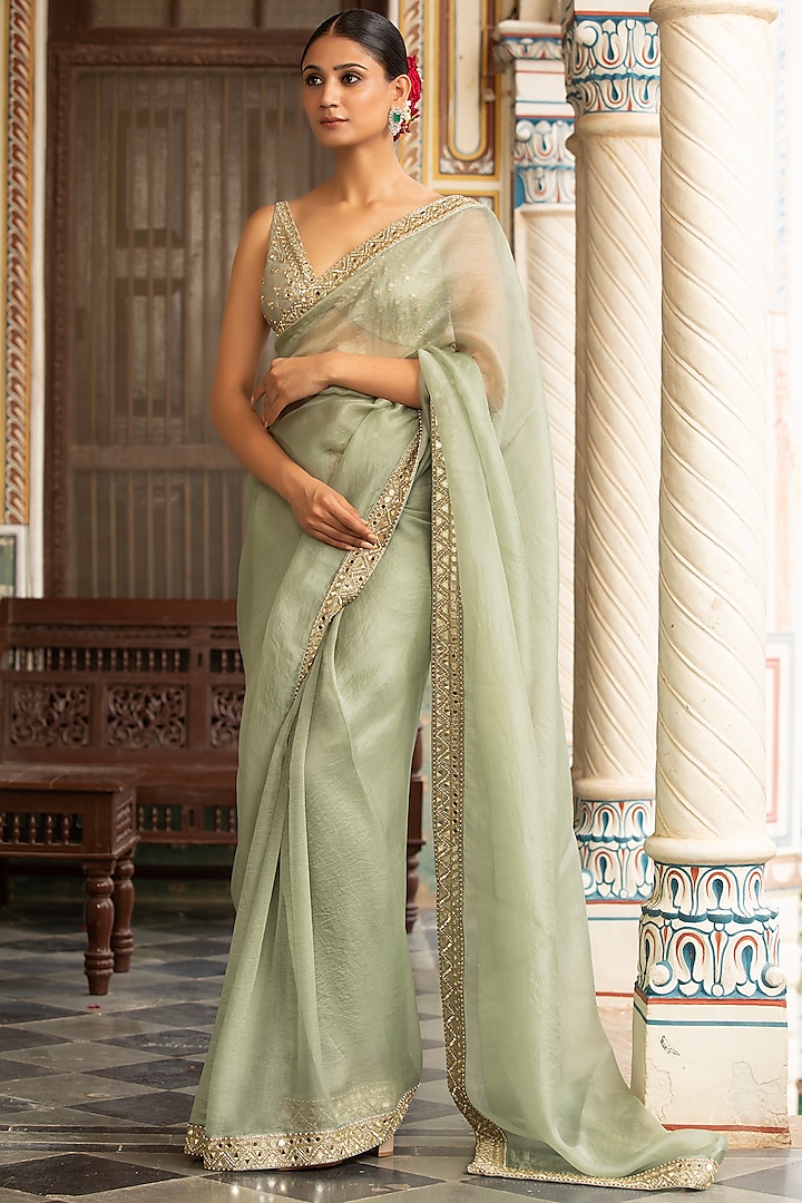 Green Pure Organza Mirror Embroidered Wedding Saree Set by Neha khullar at Pernia's Pop Up Shop
