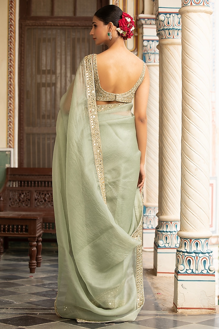 Green Pure Organza Mirror Embroidered Wedding Saree Set by Neha khullar at Pernia's Pop Up Shop