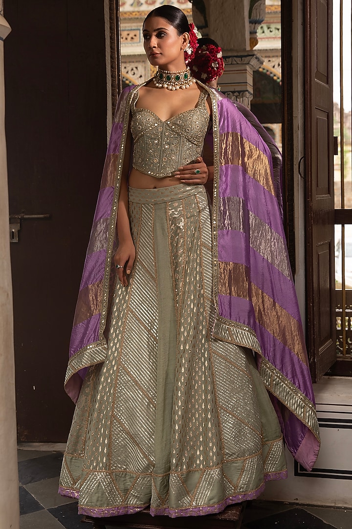 Green Pure Tissue Chanderi Gota Embroidered Wedding Lehenga Set by Neha khullar at Pernia's Pop Up Shop