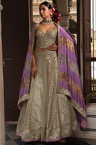 Green Pure Tissue Chanderi Gota Embroidered Lehenga Set by Neha khullar