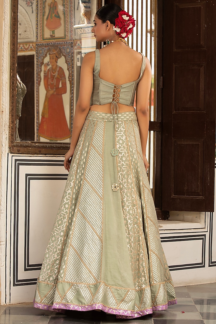 Green Pure Tissue Chanderi Gota Embroidered Wedding Lehenga Set by Neha khullar at Pernia's Pop Up Shop