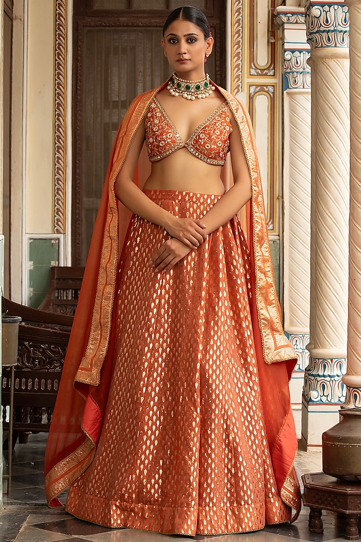 Rust Banarasi Chanderi Wedding Lehenga Set by Neha khullar at Pernia's Pop Up Shop