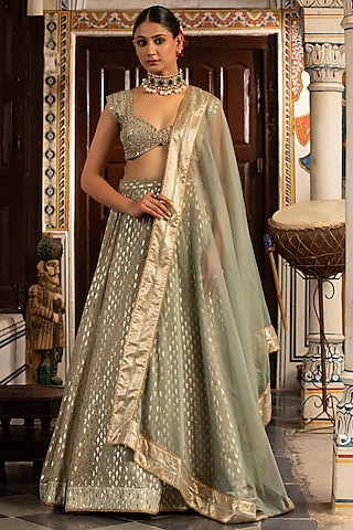 Green Banarasi Chanderi Lehenga Set by Neha khullar