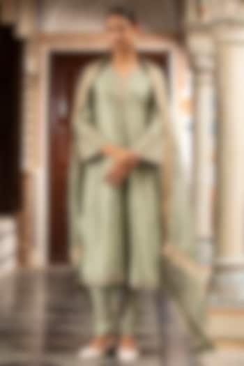 Green Pure Silk Chanderi Mirror Embroidered Kurta Set by Neha khullar at Pernia's Pop Up Shop