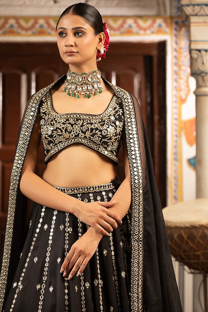 Black Silk Organza Hand Embroidered Bridal Lehenga Set by Neha khullar at Pernia's Pop Up Shop