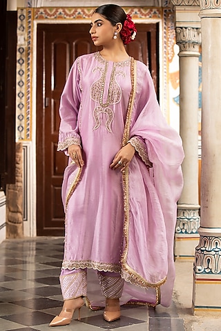Lilac Pure Silk Chanderi Mirror Embroidered Kurta Set by Neha khullar
