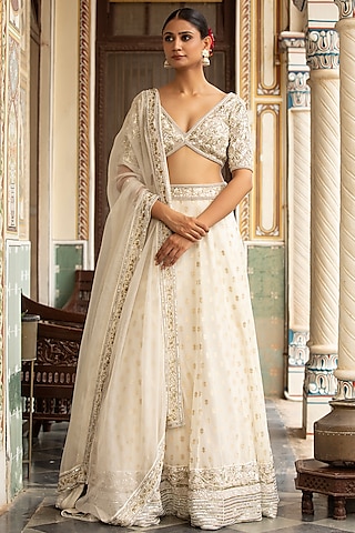 Ivory Banarasi Organza Lehenga Set by Neha khullar