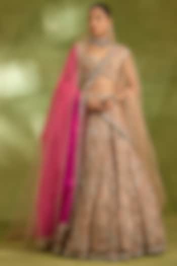 Pink Tissue & Organza Embroidered Bridal Bridal Lehenga Set by Neha Khullar at Pernia's Pop Up Shop