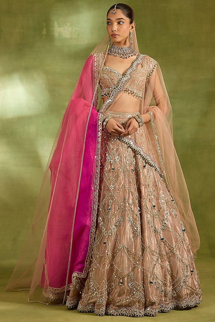Pink Tissue & Organza Embroidered Bridal Bridal Lehenga Set by Neha Khullar at Pernia's Pop Up Shop