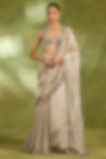 Ivory Tissue & Organza Embroidered Reception Saree Set by Neha Khullar at Pernia's Pop Up Shop