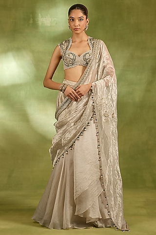 Ivory Tissue & Organza Embroidered Saree Set by Neha Khullar