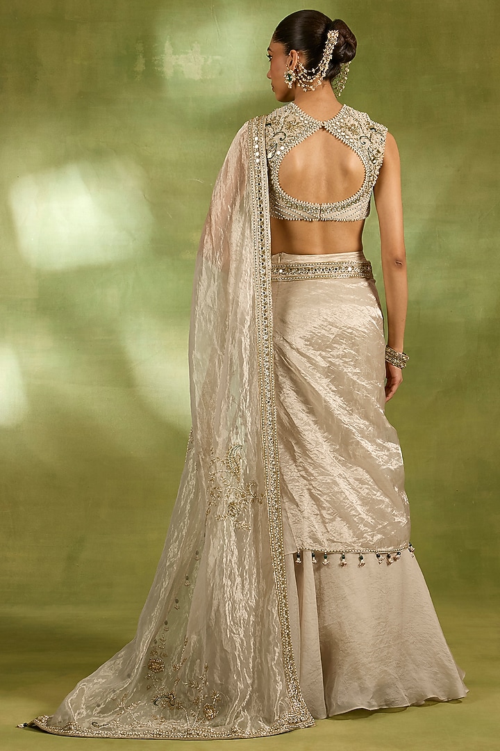 Ivory Tissue & Organza Embroidered Reception Saree Set by Neha Khullar at Pernia's Pop Up Shop