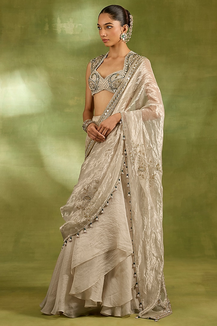Ivory Tissue & Organza Embroidered Reception Saree Set by Neha Khullar at Pernia's Pop Up Shop