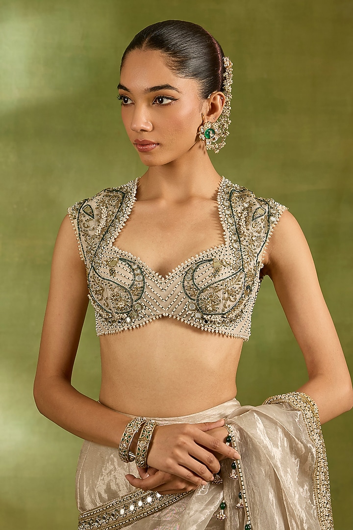 Ivory Tissue & Organza Embroidered Reception Saree Set by Neha Khullar at Pernia's Pop Up Shop