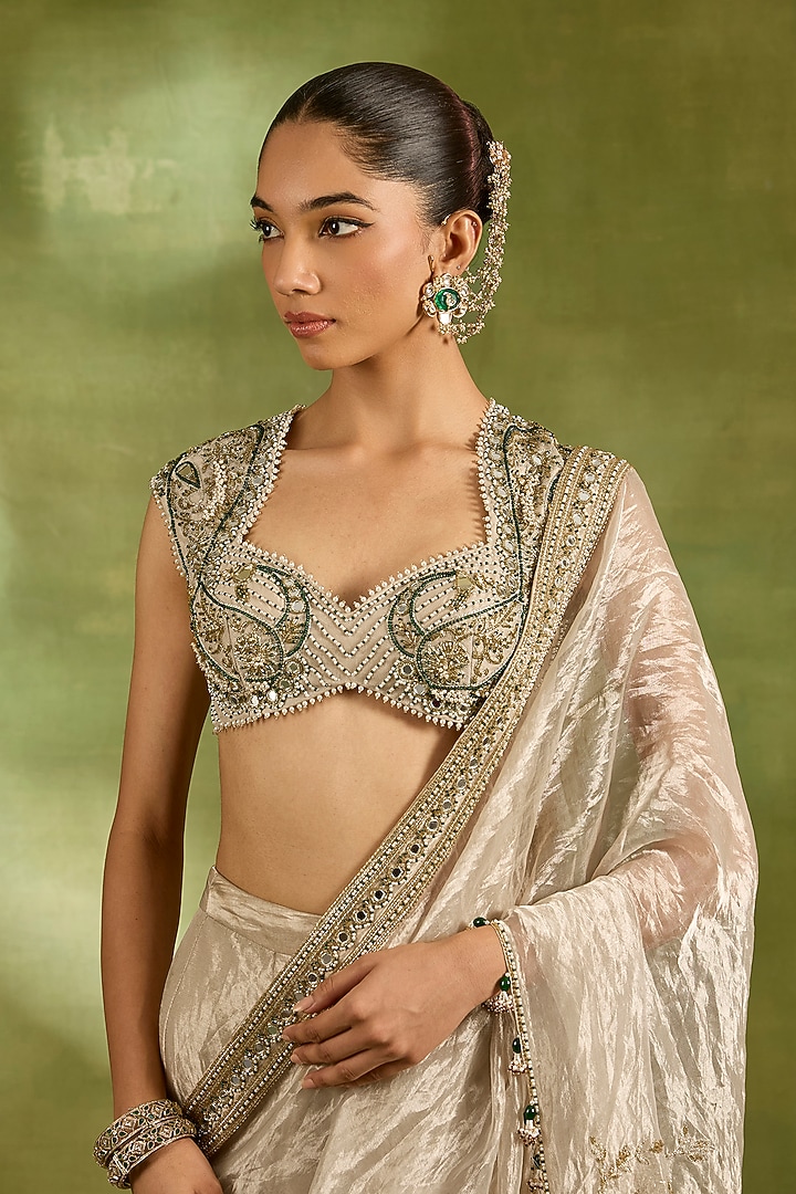 Ivory Tissue & Organza Embroidered Reception Saree Set by Neha Khullar at Pernia's Pop Up Shop