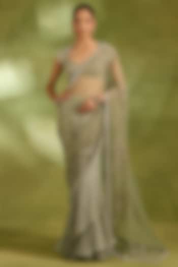 Green Tissue Thread Embroidered Reception Saree Set by Neha Khullar at Pernia's Pop Up Shop