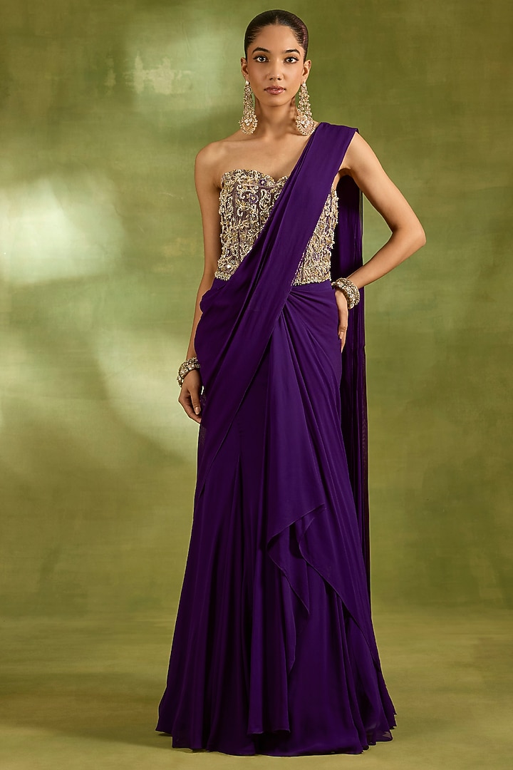 Purple Tissue & Georgette Wedding Saree Set by Neha Khullar at Pernia's Pop Up Shop