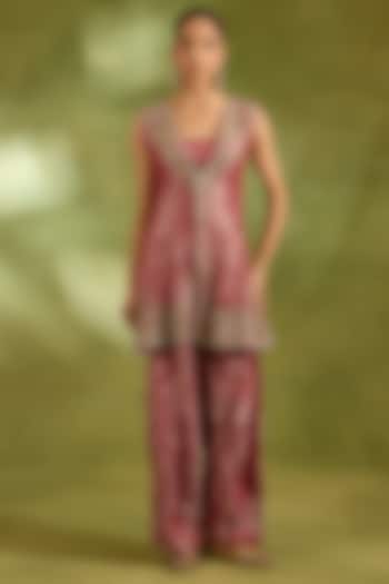 Rose Pink Tissue Hand Embroidered Short Jacket Set by Neha Khullar at Pernia's Pop Up Shop