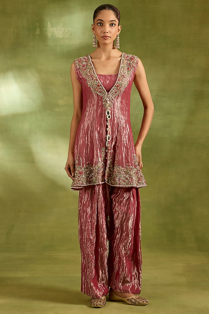 Rose Pink Tissue Hand Embroidered Short Jacket Set by Neha Khullar at Pernia's Pop Up Shop