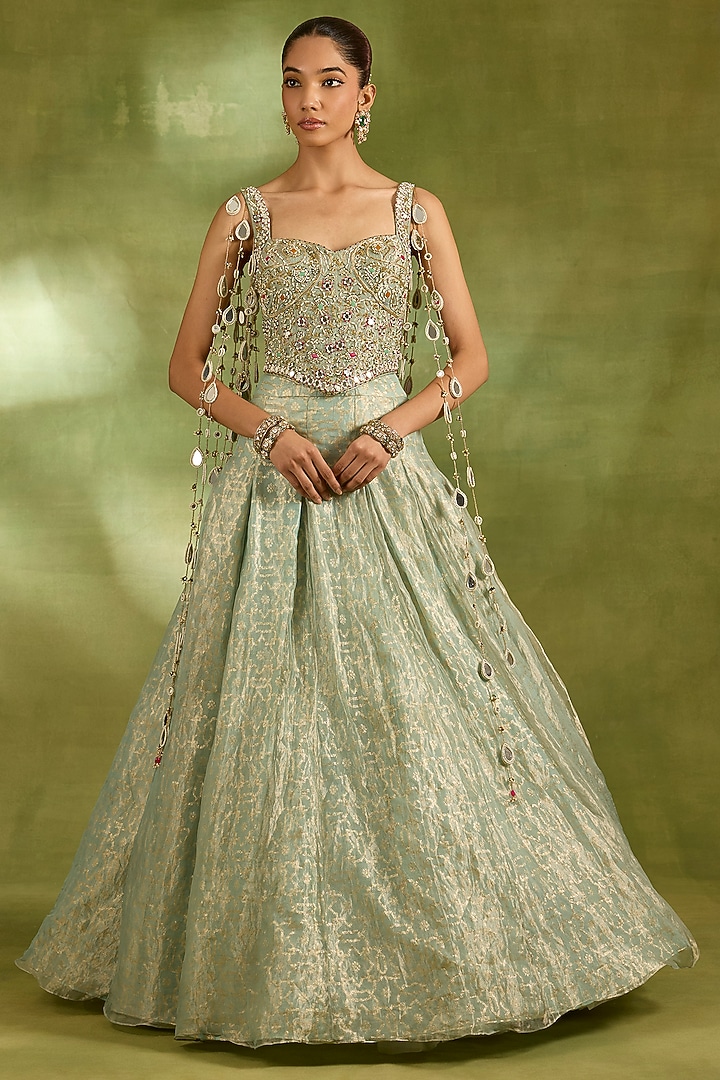 Mint Green Tissue Floral Embroidered Wedding Lehenga Set by Neha Khullar at Pernia's Pop Up Shop
