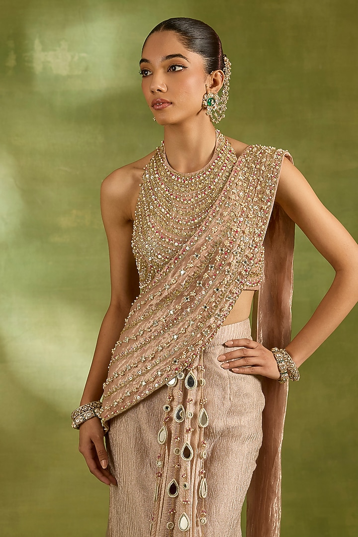 Pink Crinkled Tissue Draped Wedding Saree Set by Neha Khullar at Pernia's Pop Up Shop