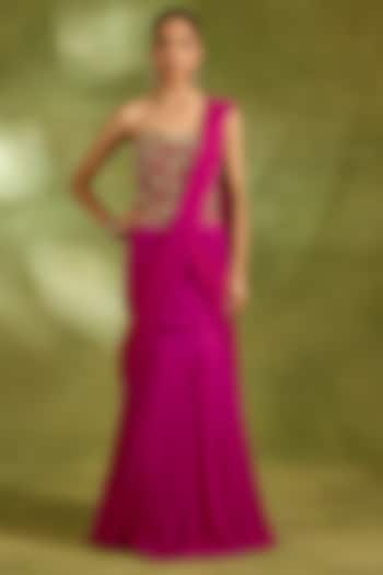Fuchsia Pink Tissue & Georgette Draped Wedding Saree Set by Neha Khullar at Pernia's Pop Up Shop