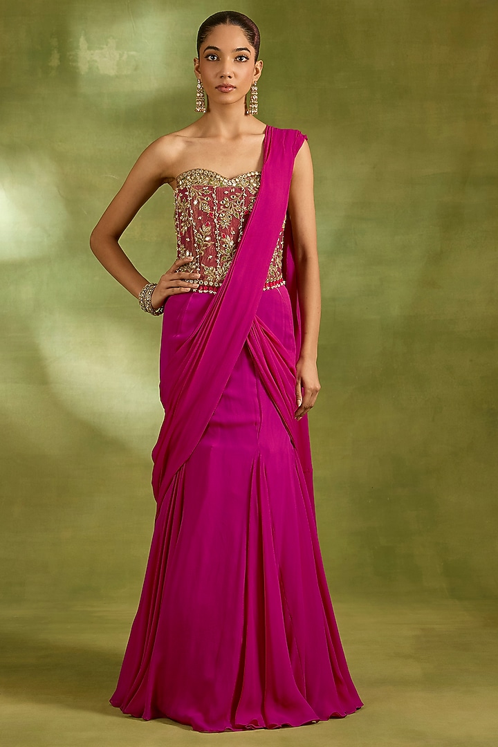 Fuchsia Pink Tissue & Georgette Draped Wedding Saree Set by Neha Khullar at Pernia's Pop Up Shop