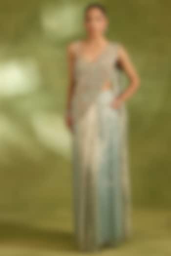 Sea Green Tissue Draped Wedding Saree Set by Neha Khullar at Pernia's Pop Up Shop
