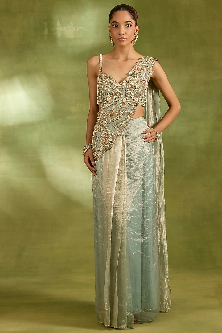 Sea Green Tissue Draped Wedding Saree Set by Neha Khullar at Pernia's Pop Up Shop