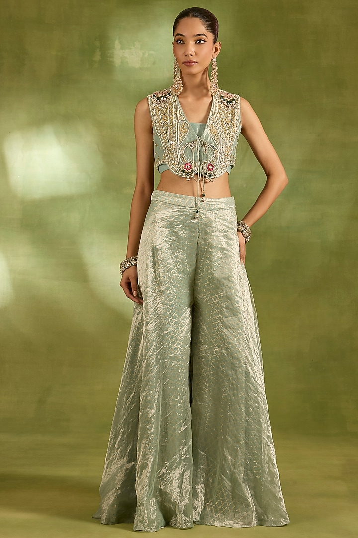 Sea Green Tissue & Brocade Wedding Sharara Set by Neha Khullar at Pernia's Pop Up Shop