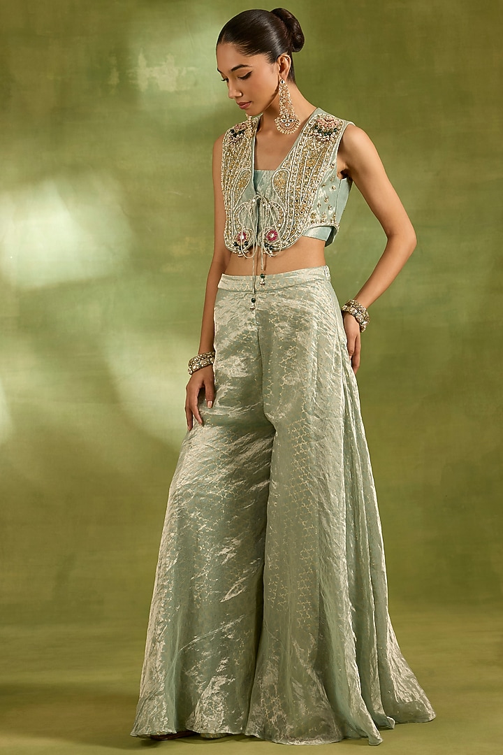 Sea Green Tissue & Brocade Wedding Sharara Set by Neha Khullar at Pernia's Pop Up Shop
