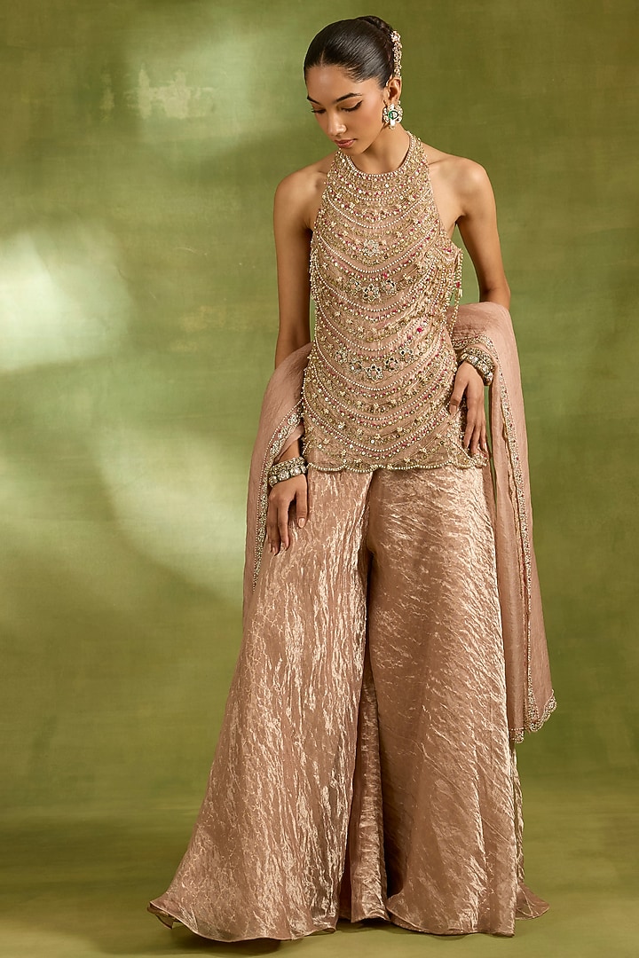Pink Tissue & Brocade Wedding Sharara Set by Neha Khullar at Pernia's Pop Up Shop